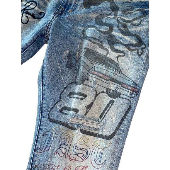 VTG AKOO Redline 2 Piece Denim Set Button Up Jean Jacket & Pants SZ M TOP 36X32 - Picture 3 of 16